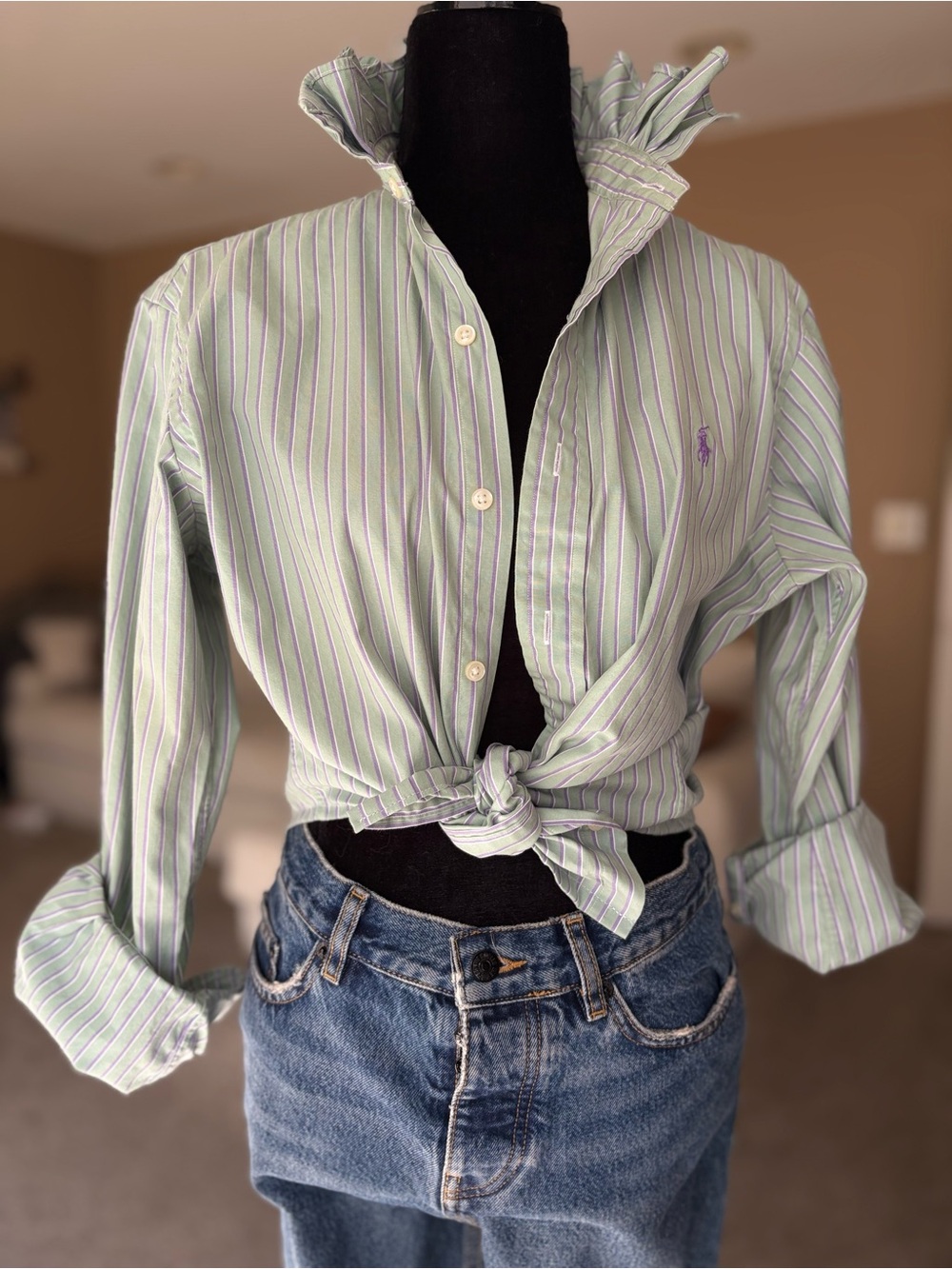 Reworked Ralph Lauren Light Green Button-Down Shirt with Purple Stripes Size S